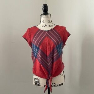 Cloth & Stone Plaid Tie Front Gauze Top Women's Size S Red Blue Purple